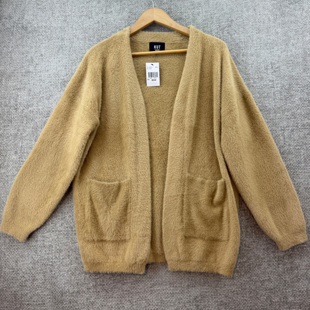 KUT from the Kloth Dana Longline Cardigan Women's Medium Khaki Fuzzy Open Front